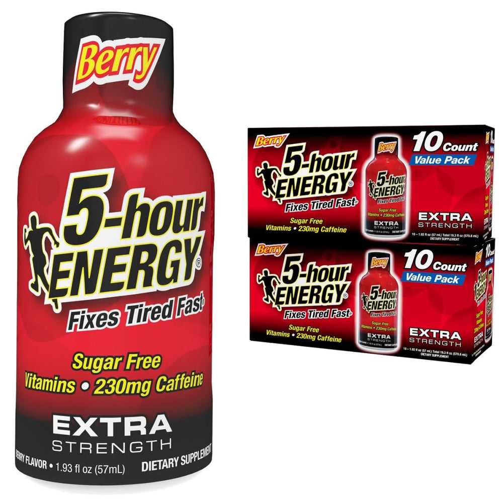 Five-hour ENERGY Extra Strength Berry Shot bottle front for quick energy on the go.