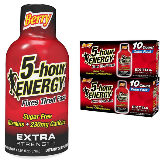 Five-hour ENERGY Extra Strength Berry Shot bottle front for quick energy on the go.