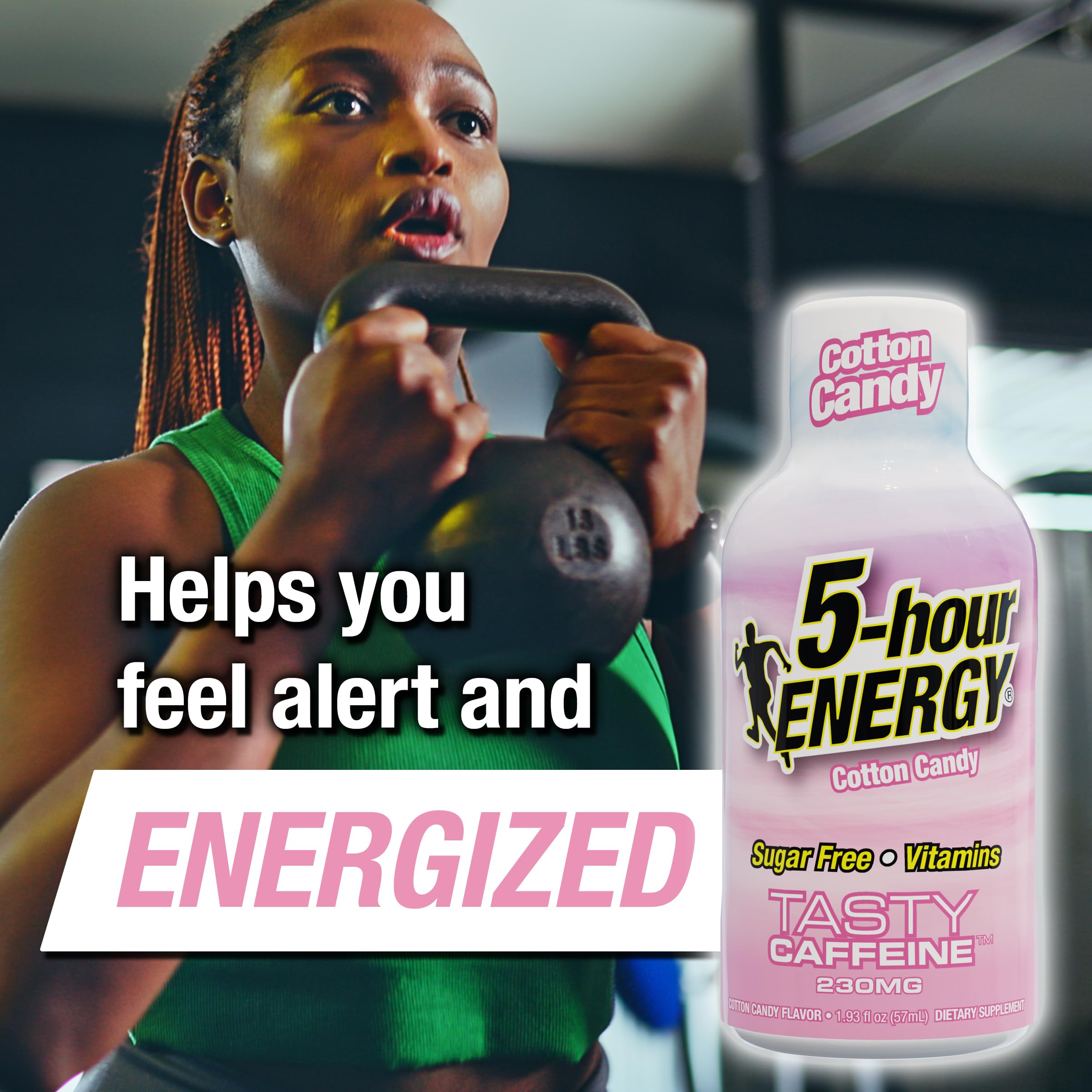 Five-hour ENERGY Cotton Candy shot label closeup highlights zero sugar convenience