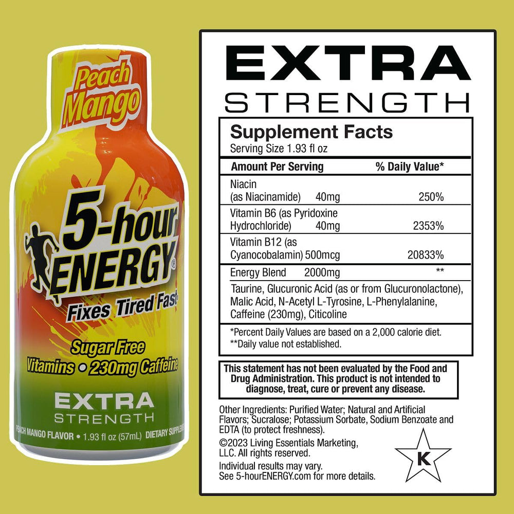 Front label of 5-hour ENERGY Peach Mango highlighting zero calories and caffeine power.