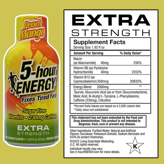 Front label of 5-hour ENERGY Peach Mango highlighting zero calories and caffeine power.