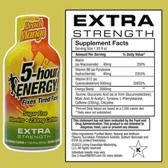 Front label of 5-hour ENERGY Peach Mango highlighting zero calories and caffeine power.