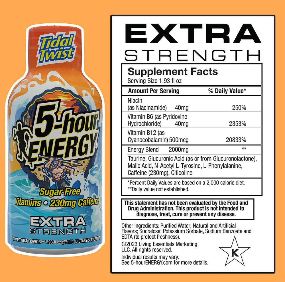 Five-hour Energy Extra Strength Tidal Twist bottle side view signaling portable energy for travel.