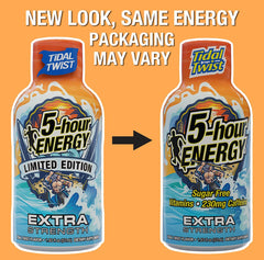 Five-hour Energy Extra Strength Tidal Twist ingredients label close-up emphasizes B vitamins and amino acids.