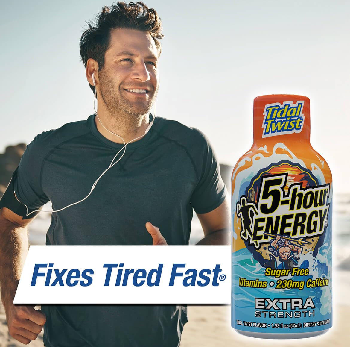 Five-hour Energy Extra Strength Tidal Twist packaging flatlay highlights zero calories and sugar-free promise.