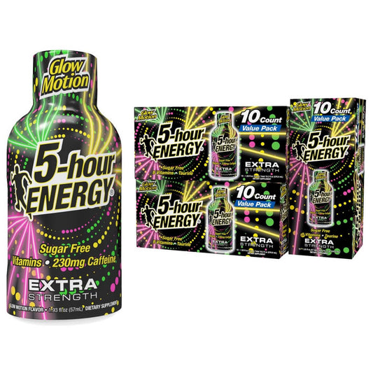 Five-hour ENERGY Glow Motion bottle shows fruity rainbow fusion for a quick focus boost.