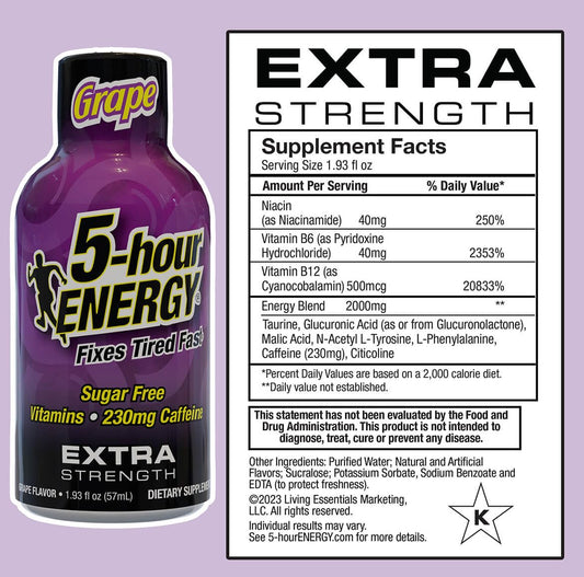 5-hour ENERGY Extra Strength Grape Shot bottle front view shows compact energy solution