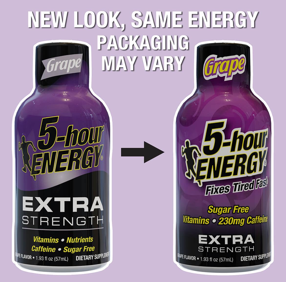 5-hour ENERGY Extra Strength Grape Shot packaging highlights bulk 20-pack convenience