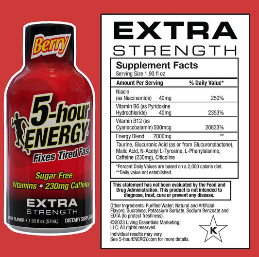 Five Hour Energy Extra Strength Shots in Tidal Twist bottle delivering fast alertness
