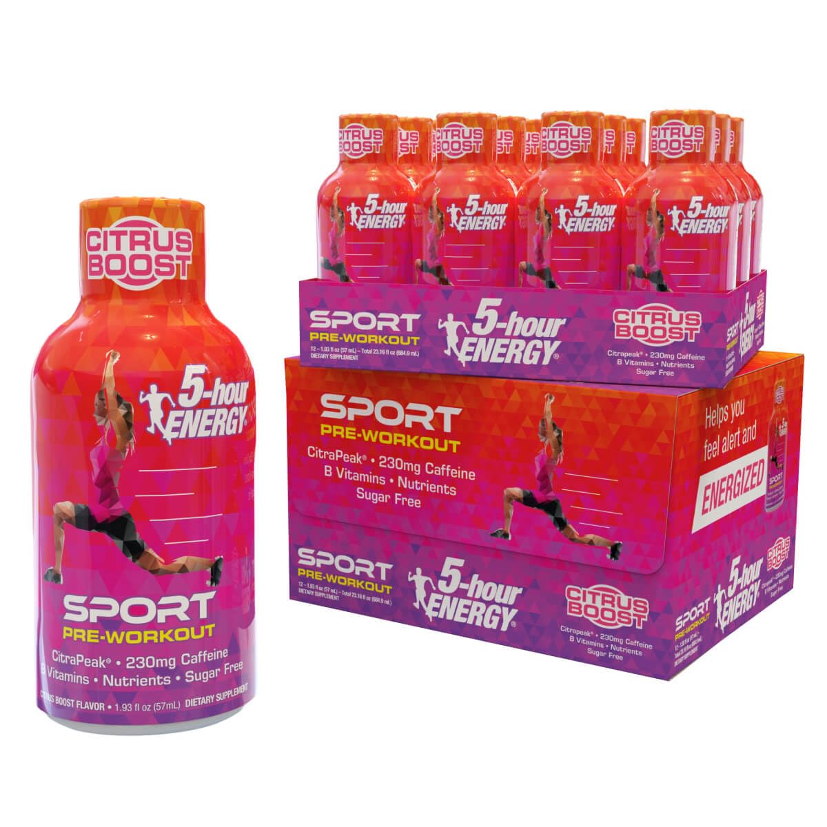 Five-hour ENERGY shot bottle showing CitraPeak Citrus Boost for workout focus