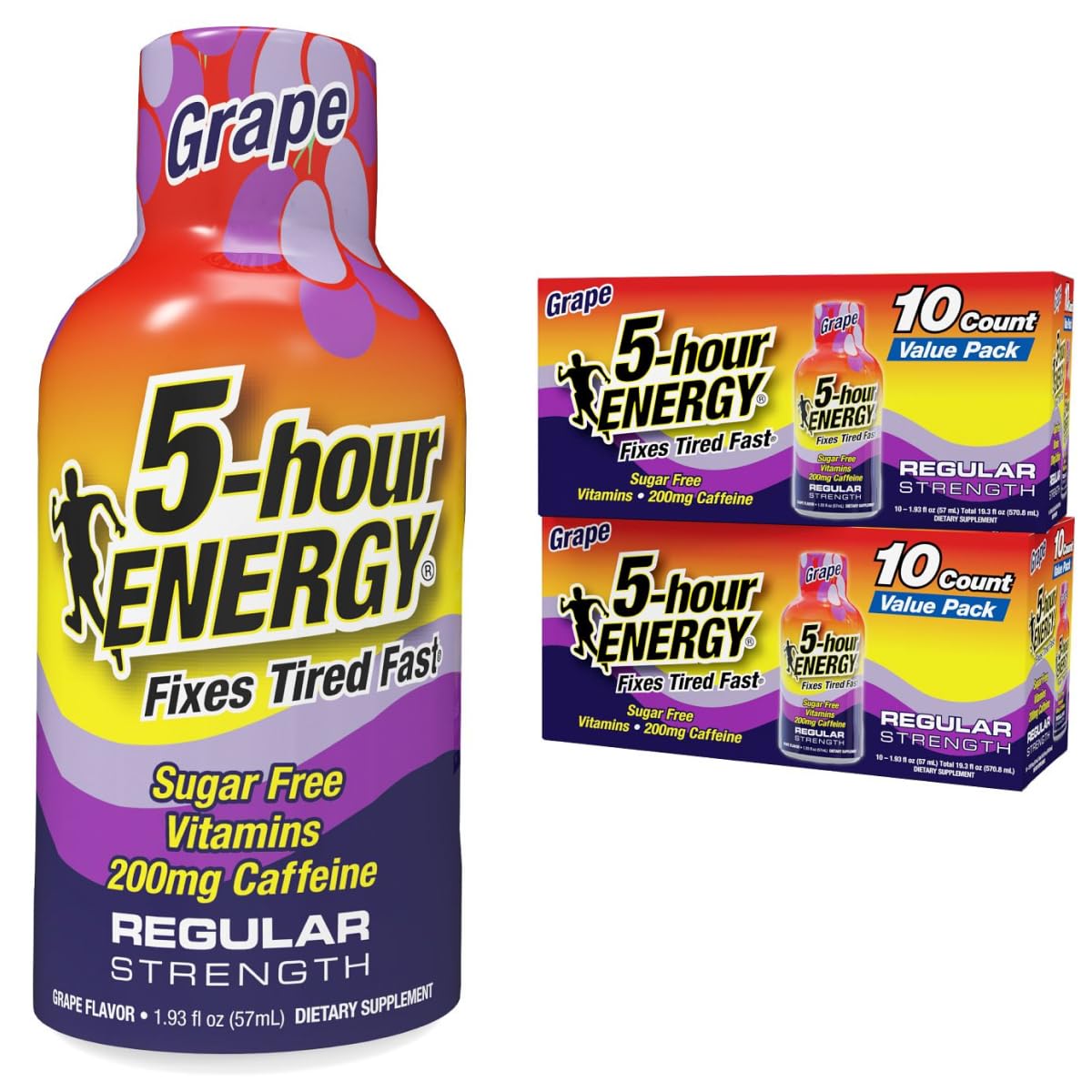 5-hour ENERGY grape bottle front view showing quick, zero-calorie energy support