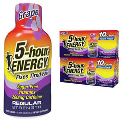 5-hour ENERGY grape bottle front view showing quick, zero-calorie energy support