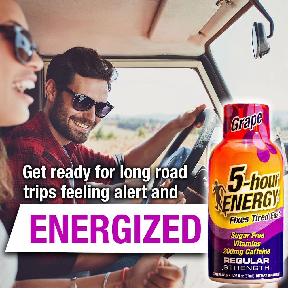 Five-hour ENERGY grape bottle label highlighting caffeine and B vitamins