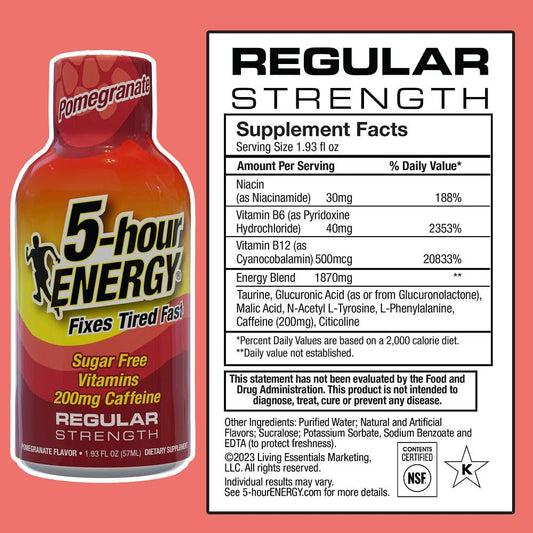 Close-up of 5-hour ENERGY pomegranate shot showing smooth taste and fast energy
