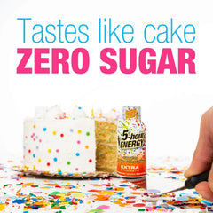 Five-hour ENERGY zero-sugar shot close-up highlighting calorie-free boost.