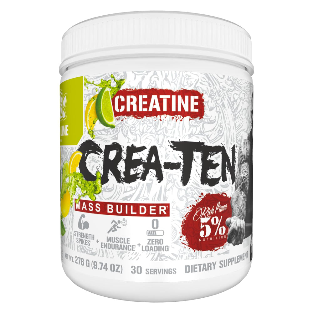 Five-Percent CreaTEN bottle label highlights premium creatine blend for lean muscle support.