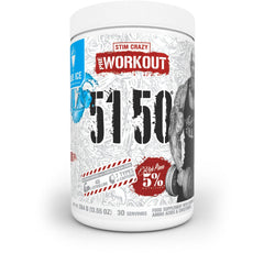Five Percent Nutrition Rich Piana 5150 Blue Ice tub showing intense energy and focus.