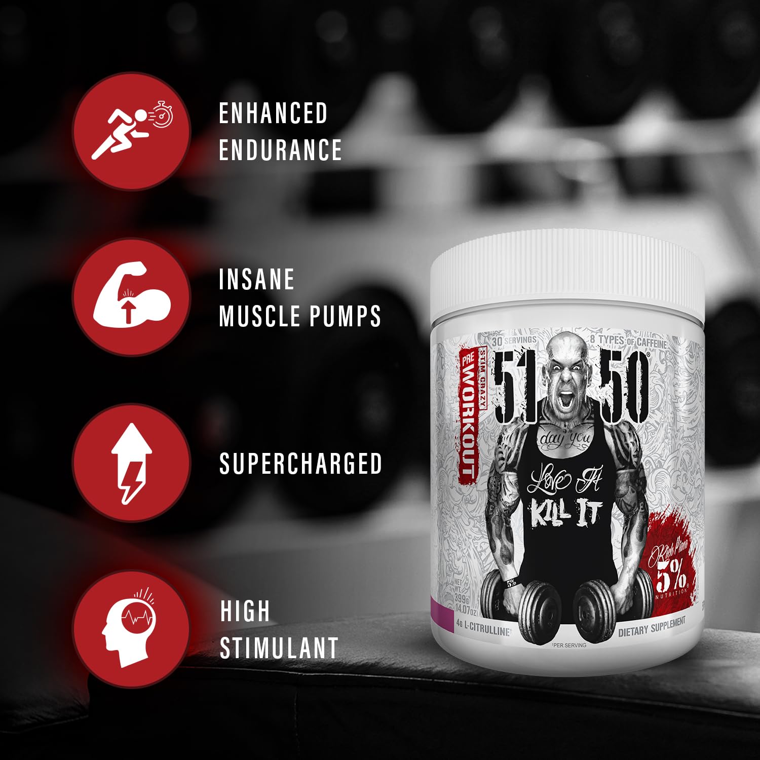 Five Percent Nutrition Rich Piana 5150 Citrulline blend emphasizing boosted blood flow and pumps.