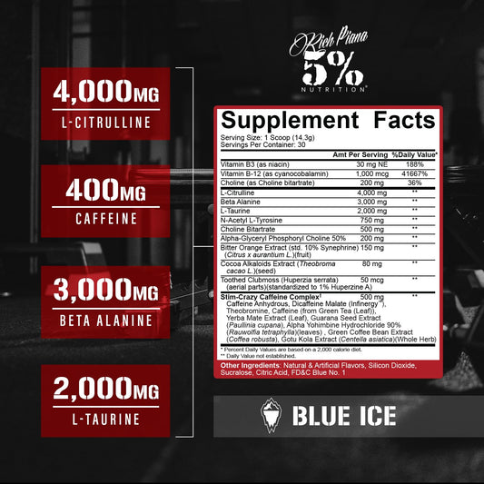 Five Percent Nutrition Rich Piana 5150 powder scoop highlighting fast-acting caffeine blend.