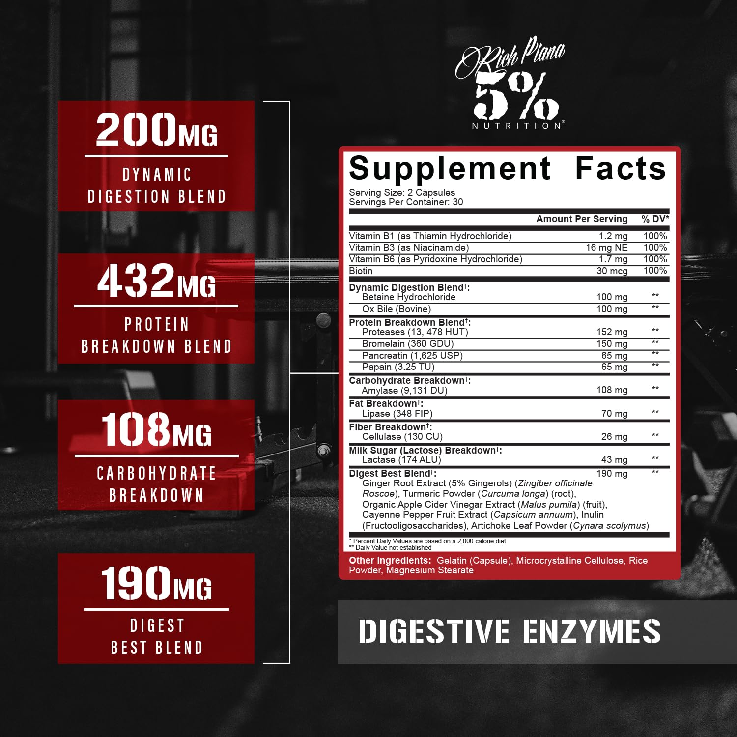 Rich Piana Digestive Enzymes bottle being poured for convenient meal-time use