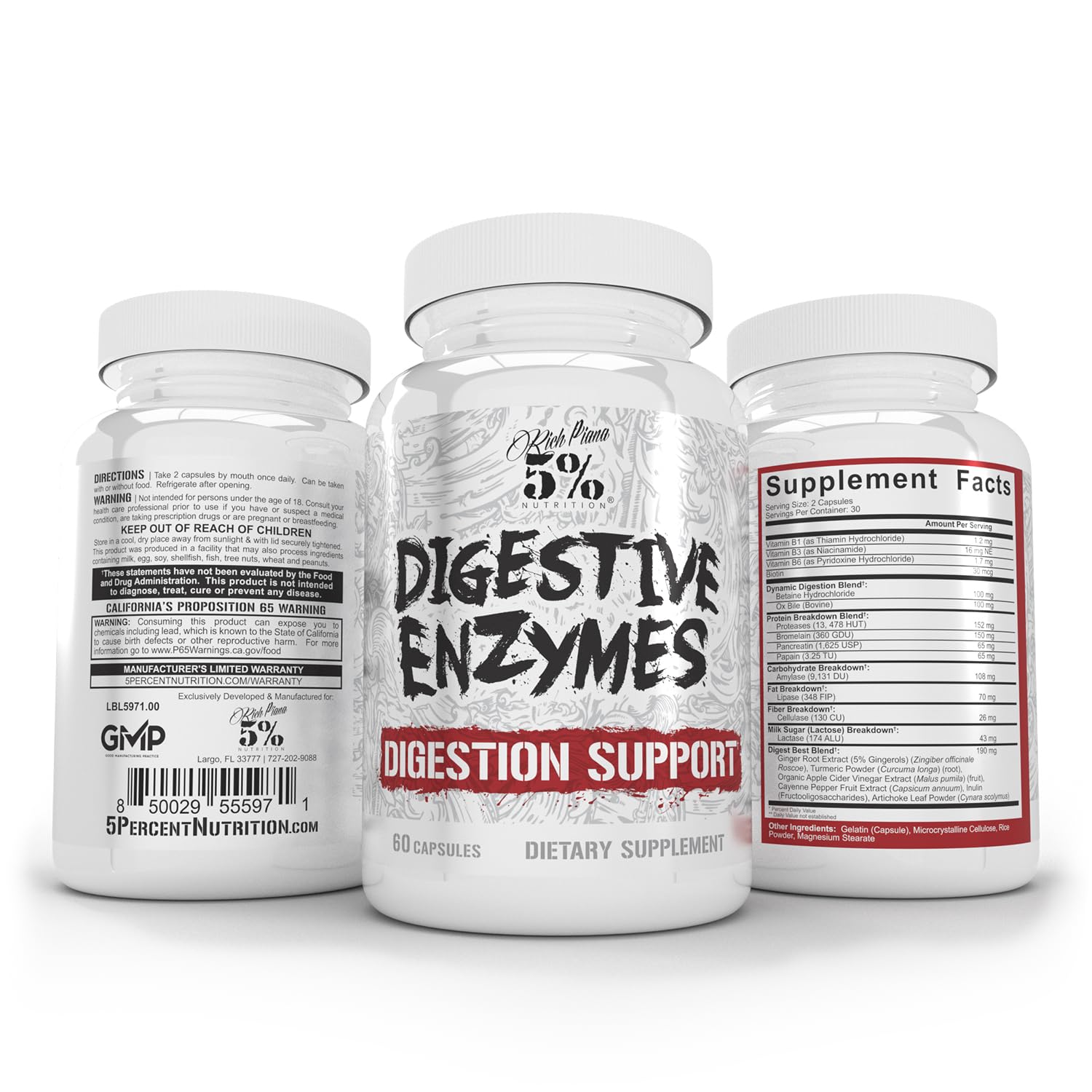 Capsules of 5% Nutrition Rich Piana Digestive Enzymes for post meal digestion support