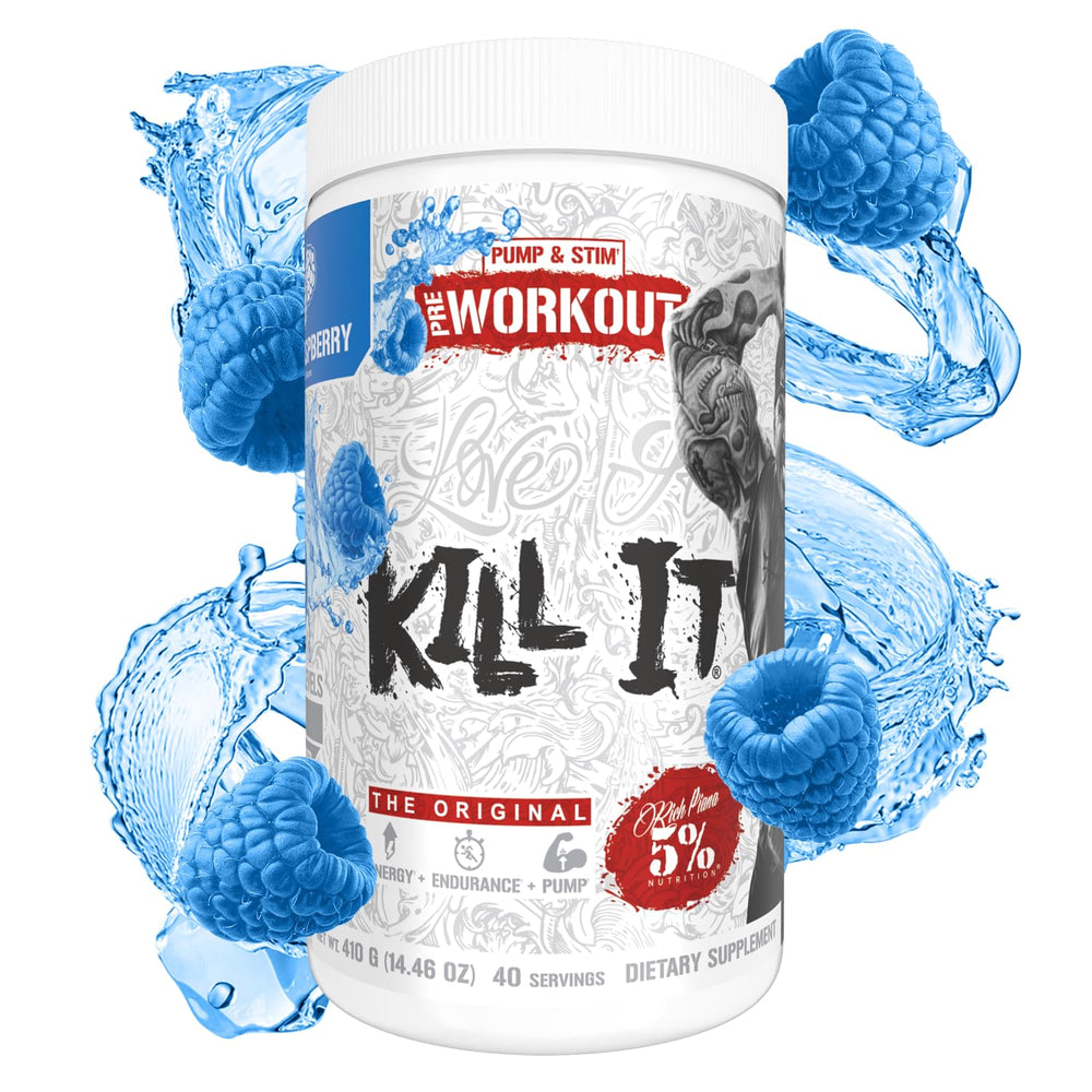 Five Percent Nutrition Rich Piana Kill It blue raspberry can boosts focus for intense workouts.
