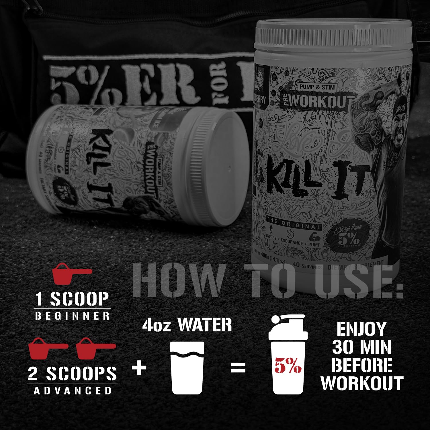 Pouring Kill It into water to hydrate during training.