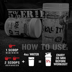 Measuring spoon and glass beside Kill It pre-workout container