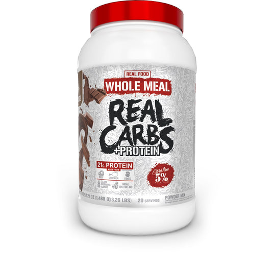 Five Percent Nutrition Rich Piana Real Carbs Protein chocolate powder in a 3 lb bag for meals