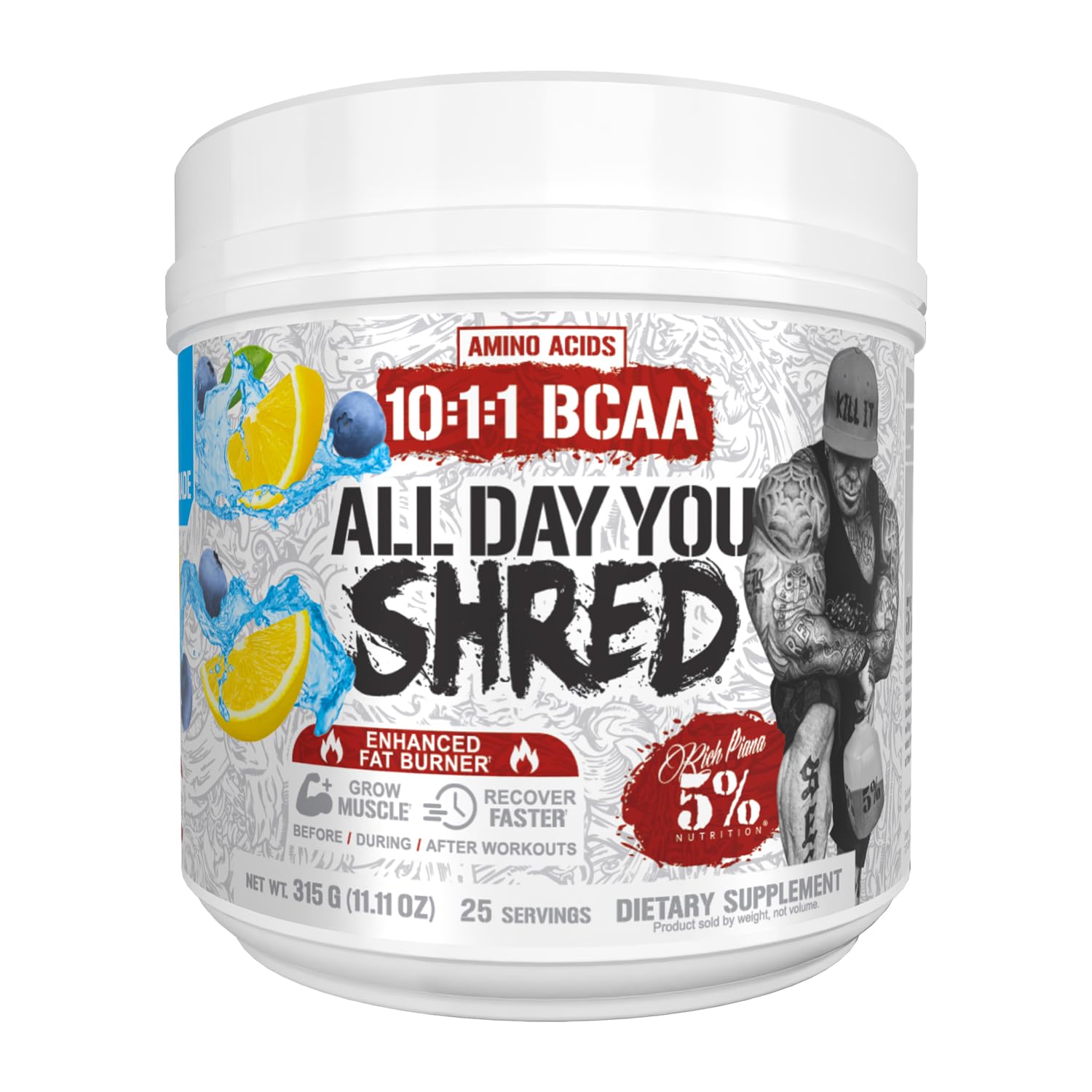 5% Nutrition Rich Piana AllDayYou Shred bottle front for pre-workout energy.