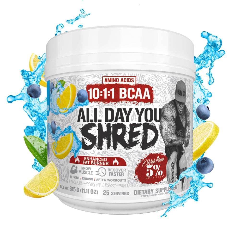 5% Nutrition Rich Piana AllDayYou Shred caffeine boost visible for energy during workouts.