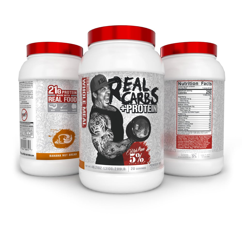 5% Nutrition Real Carbs + Protein scoop showing portion size for accurate serving