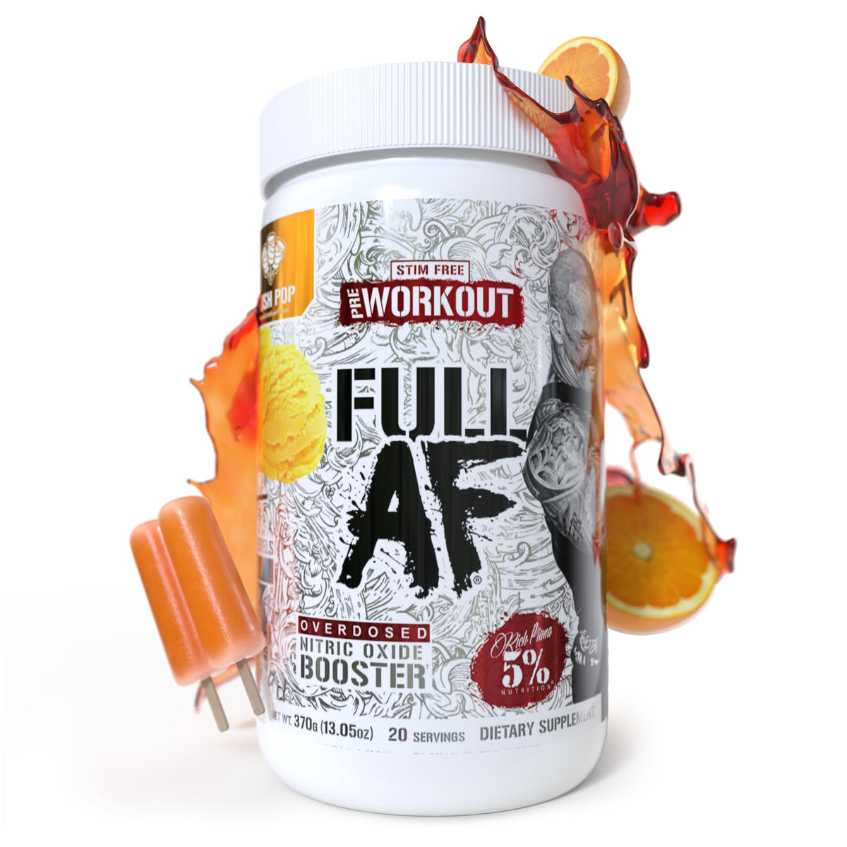 Five Percent Nutrition FullAF pre-workout can on table highlights caffeine-free pump potential.