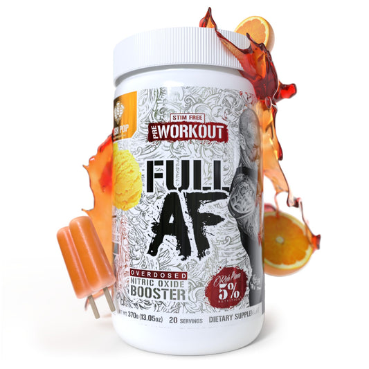 Five Percent Nutrition FullAF pre-workout can on table highlights caffeine-free pump potential.