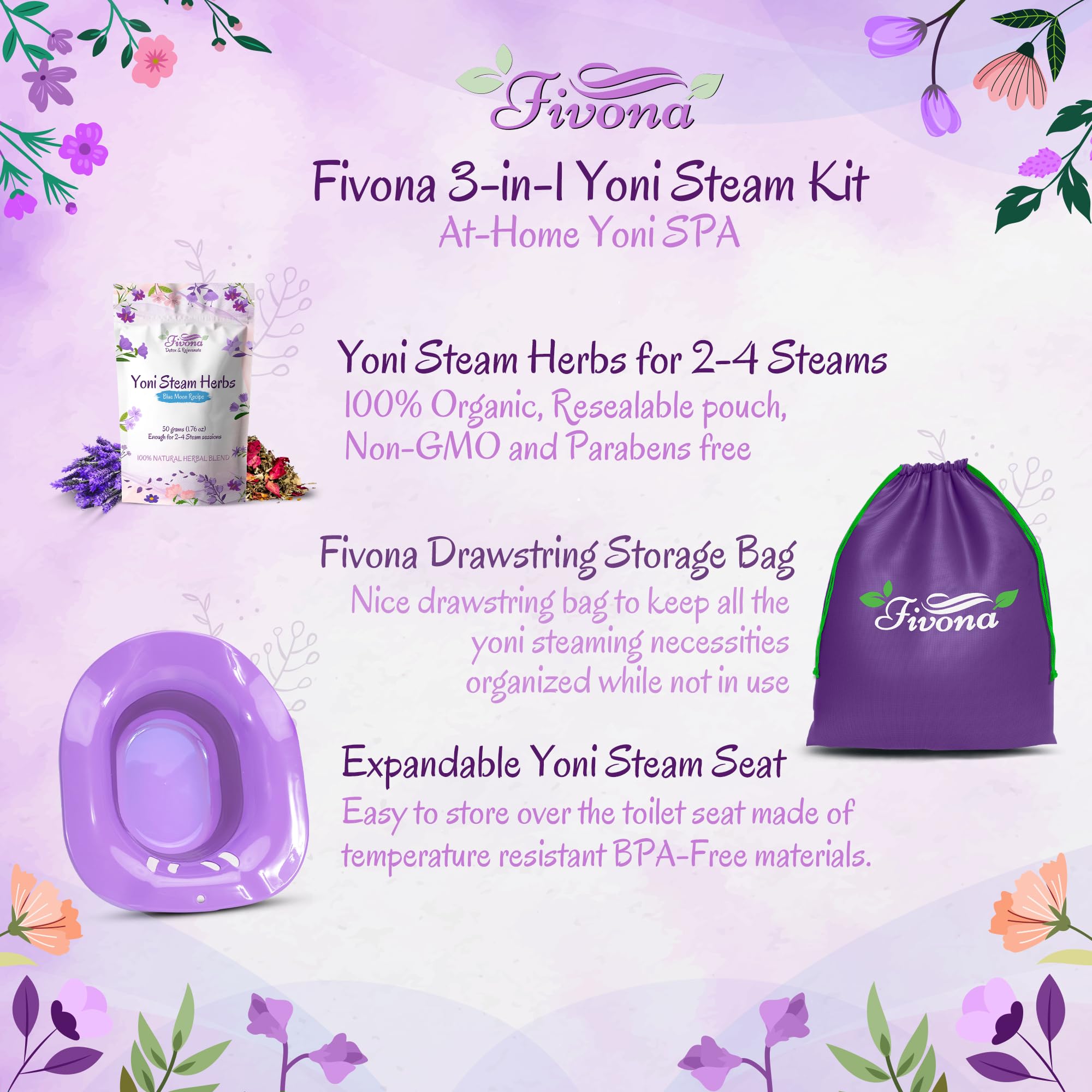 Fivona yoni steaming kit 3in1 bundle shown with all components.