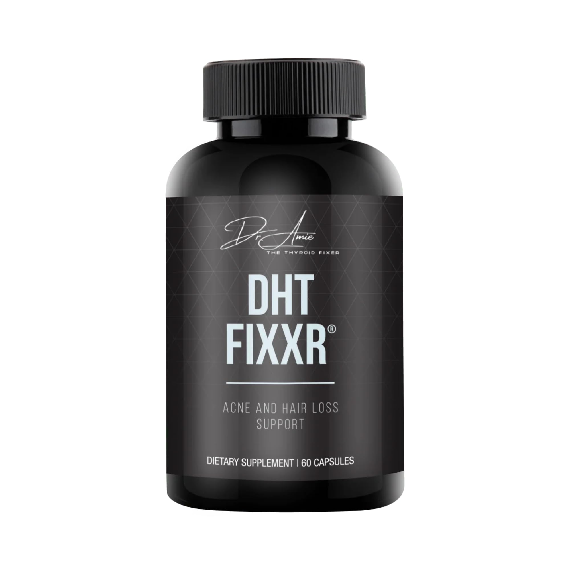 Fixxr DHT Support bottle being poured for easy daily use and balanced hormones.