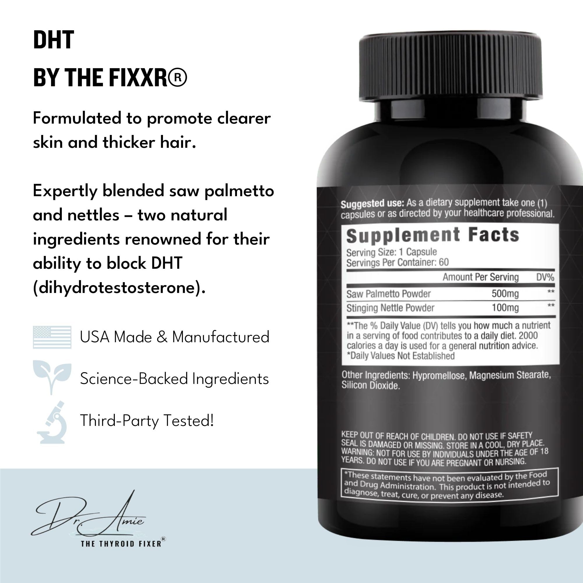 Fixxr DHT Support capsules closeup highlighting saw palmetto and nettles for hair support.