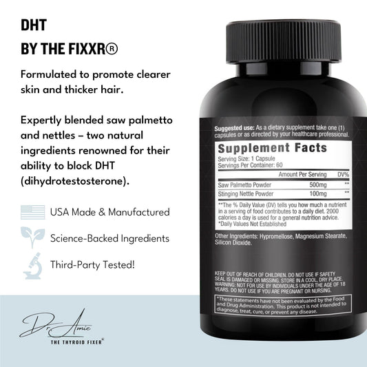 Fixxr DHT Support capsules closeup highlighting saw palmetto and nettles for hair support.