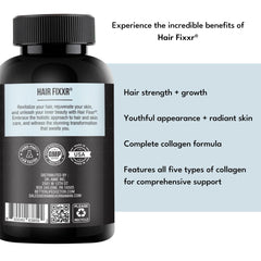 Fixxr Hair label close-up reveals non-GMO, clean formula for hair wellness.