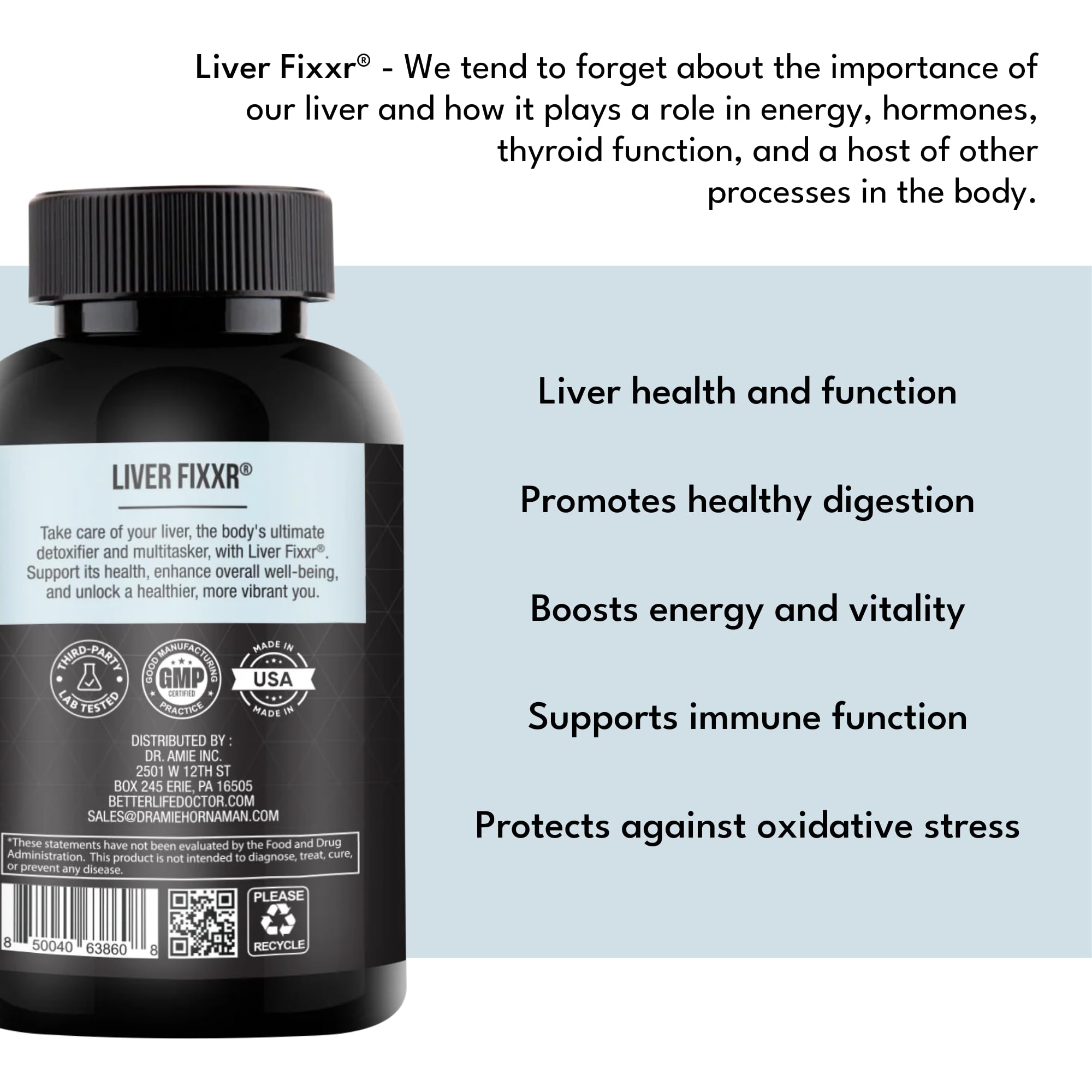 Fixxr Liver bottle pour demonstrates convenient dosing on busy mornings.