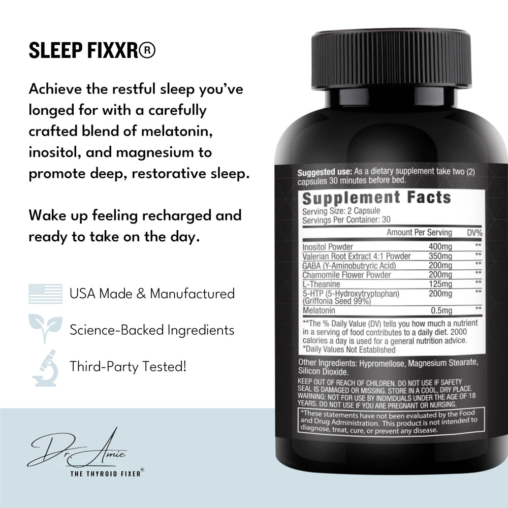 Fixxr Sleep Support ingredients panel shows melatonin, inositol, and magnesium.