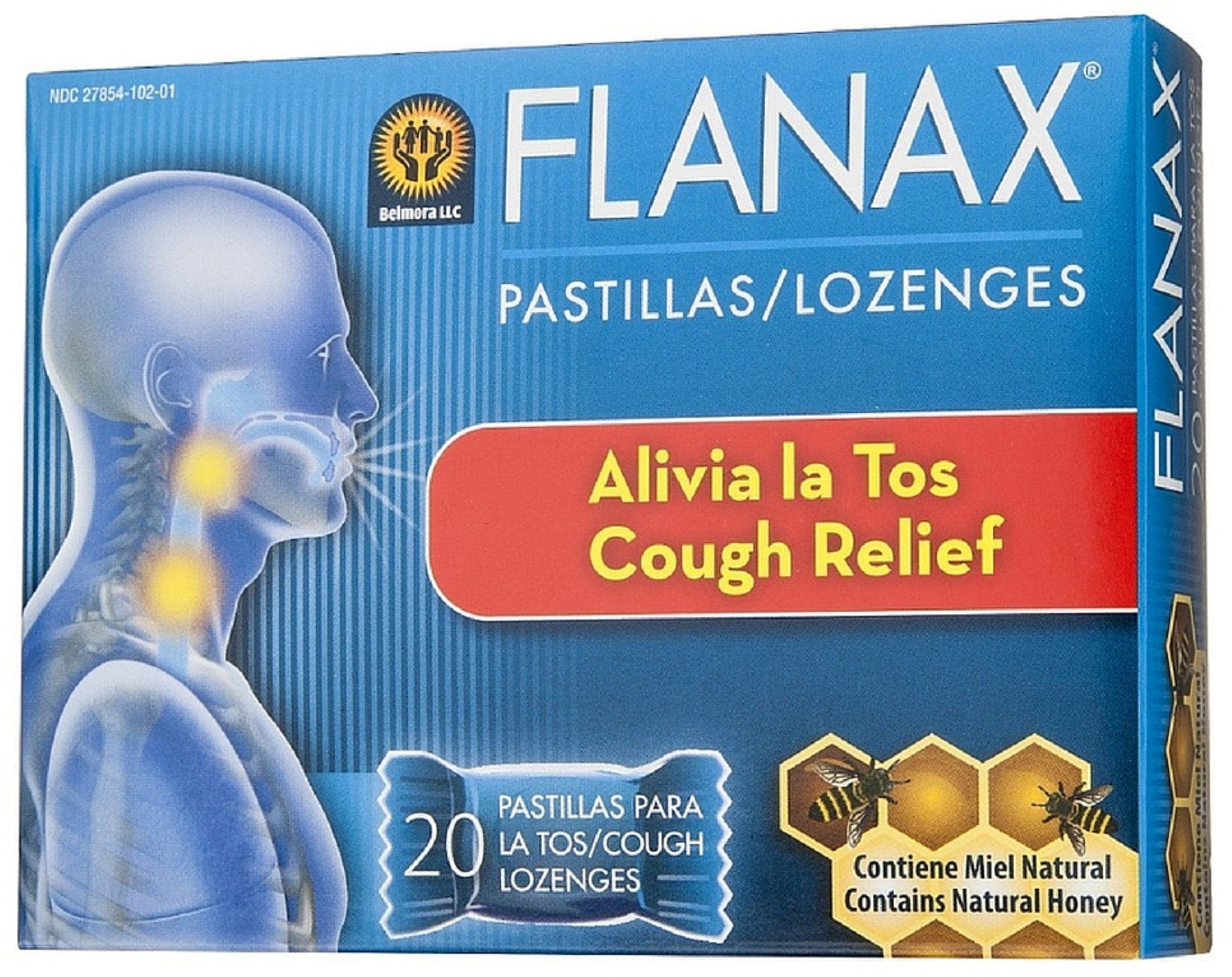 Flanax cough relief lozenge pack image showing 20-count supply for on-the-go relief