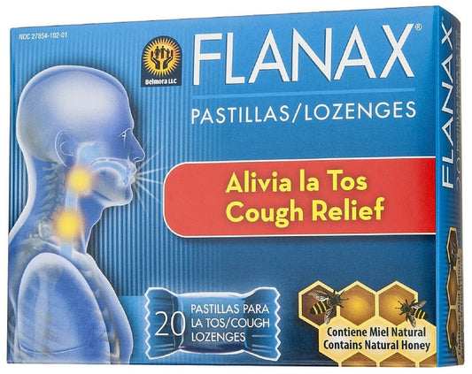 Flanax cough relief lozenge pack image showing 20-count supply for on-the-go relief