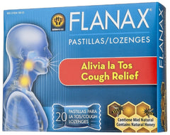 Flanax cough relief lozenge pack image showing 20-count supply for on-the-go relief