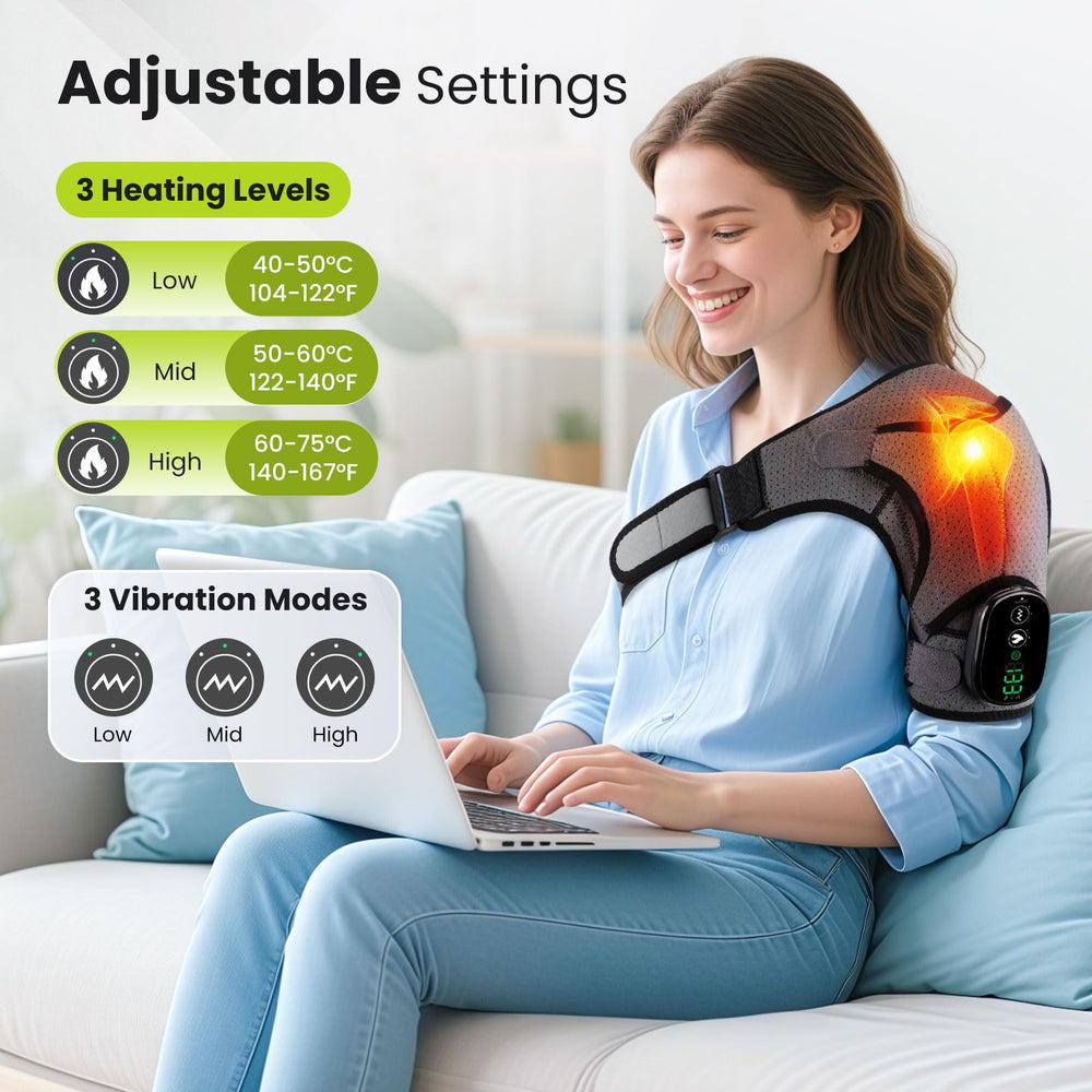 FlareMore heated shoulder wrap with heat-vibration controls for customizable relief during work