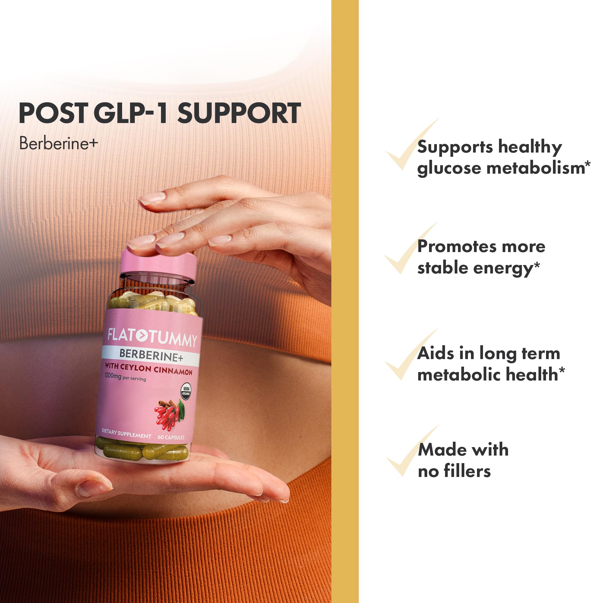 Flat Tummy Berberine Plus packaging box highlights post GLP-1 compatibility.
