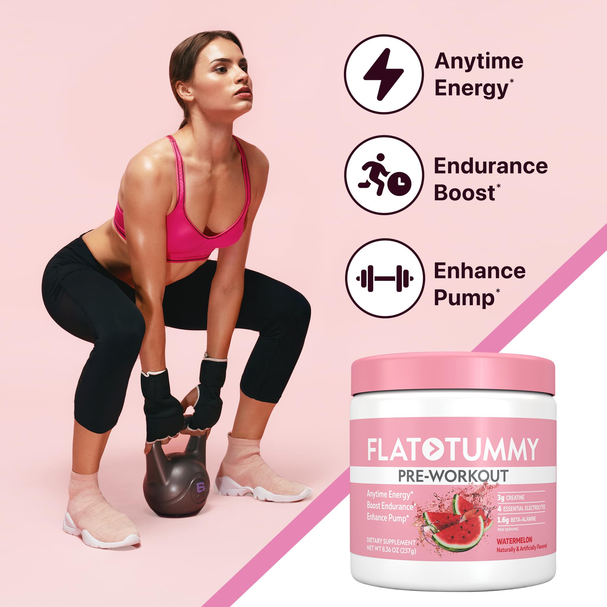 Flat Tummy Pre Workout Ingredients Panel highlights vegan, gluten-free formulation.