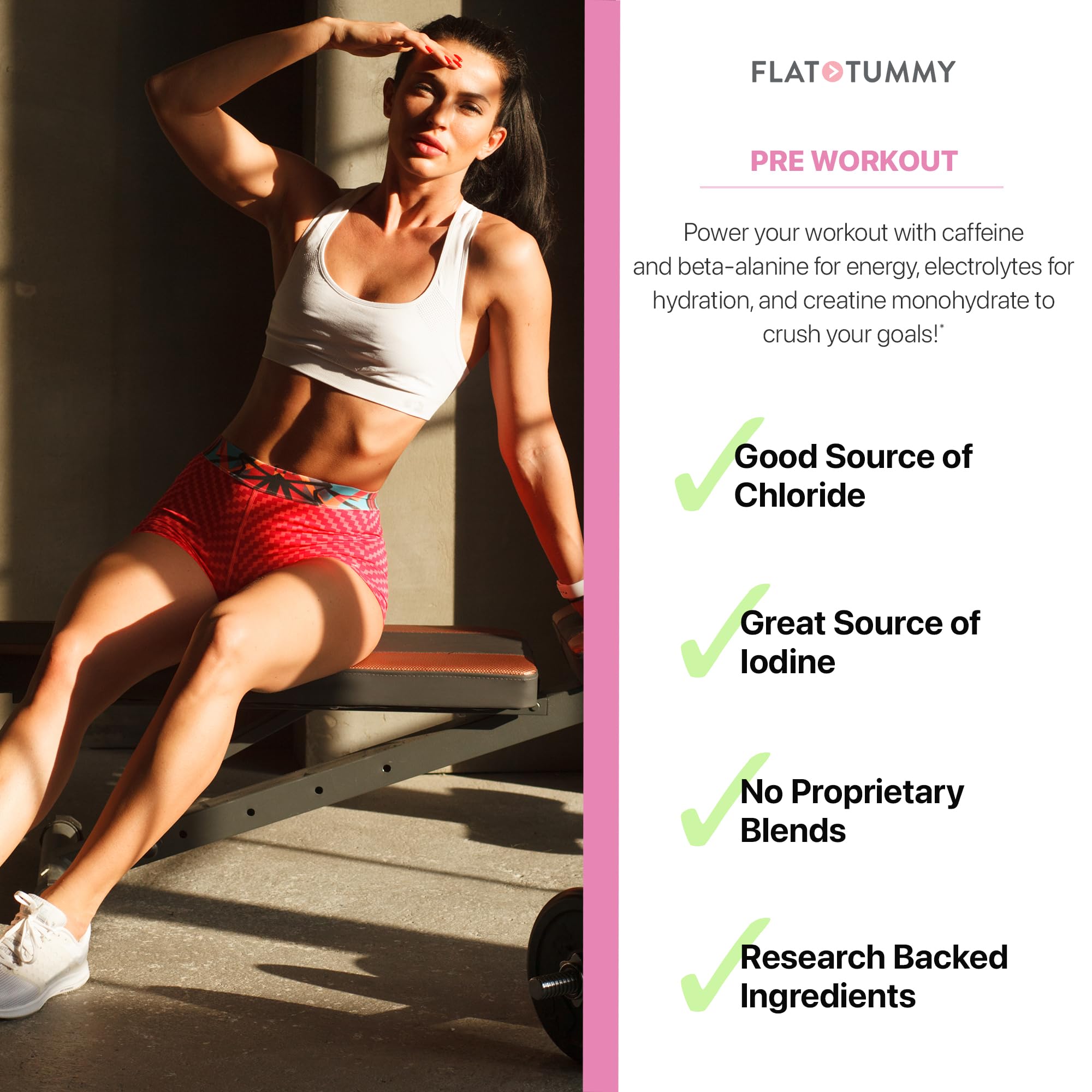 Flat Tummy Pre Workout Vegan Gluten-Free Symbols indicate clean ingredients.