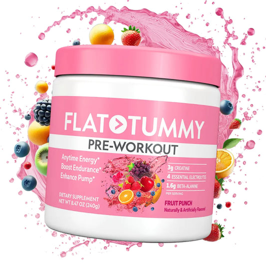 Flat Tummy Watermelon pre-workout powder boosts energy for workouts.