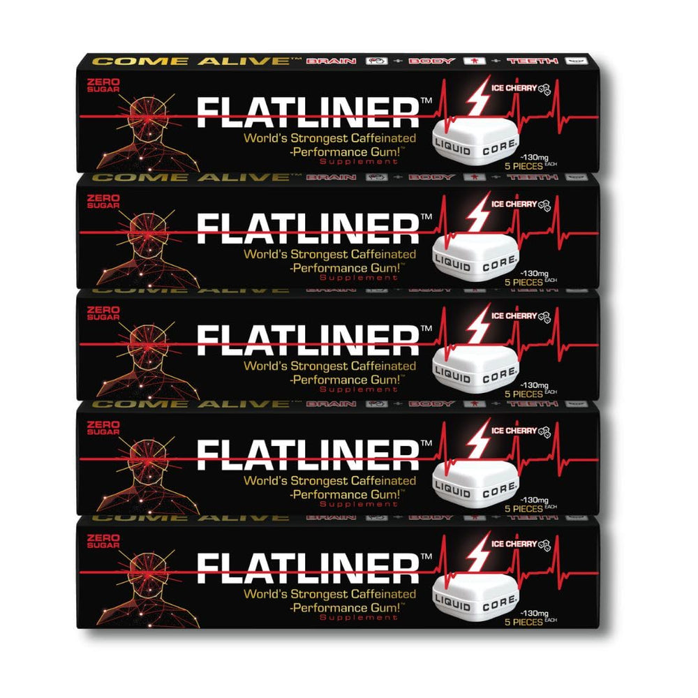 Flatliner Ice Cherry gum piece for quick pre-workout energy.